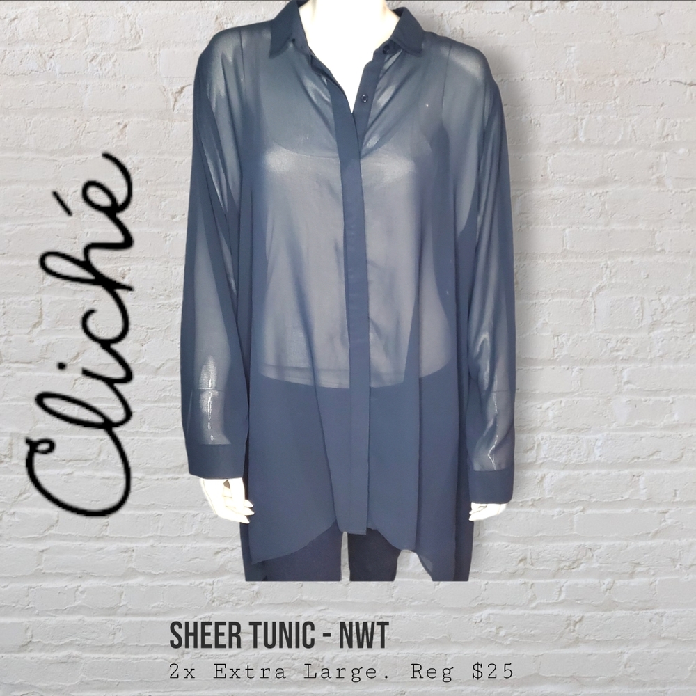 Cliche High-Low Tunic Blouse Sheer Navy Women's Plus Size 2XL